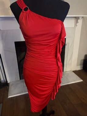 Zara Red One-Shoulder Ruched Ruffle Dress